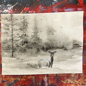 Original Watercolor Painting Deer Forest Misty Landscape Art signed by artist
